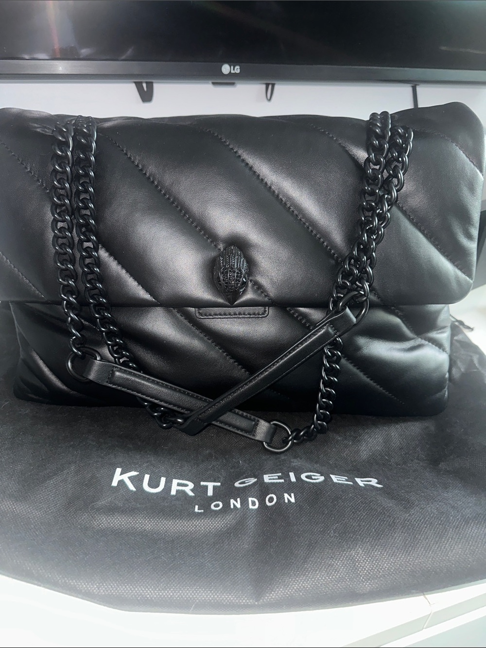 Kurt Geiger Black Macro XXL Quilted Chain Shoulder Flap Bag